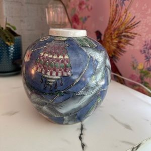 Gorgeous Blue Chinese Round Vase W/ Rope and Tassel Motifs Vintage
